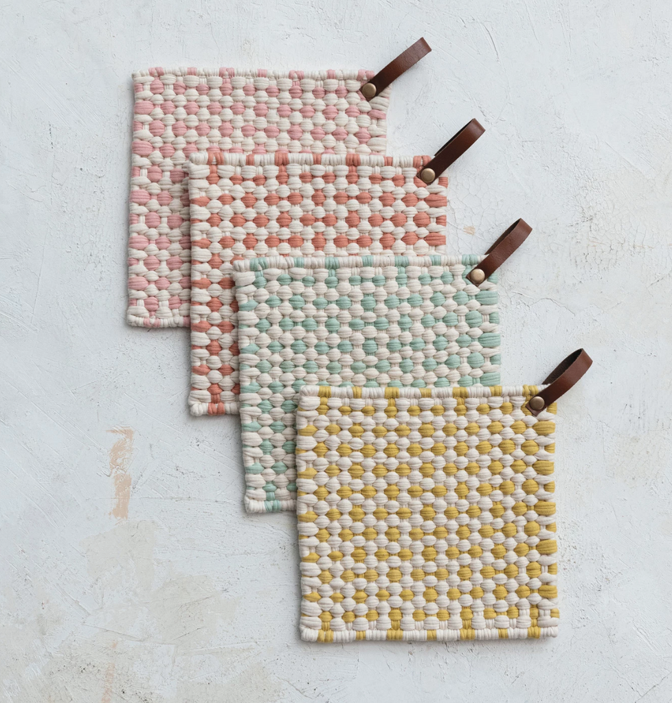 COTTON CROCHETED POT HOLDER WITH LEATHER LOOP - 4 COLORS