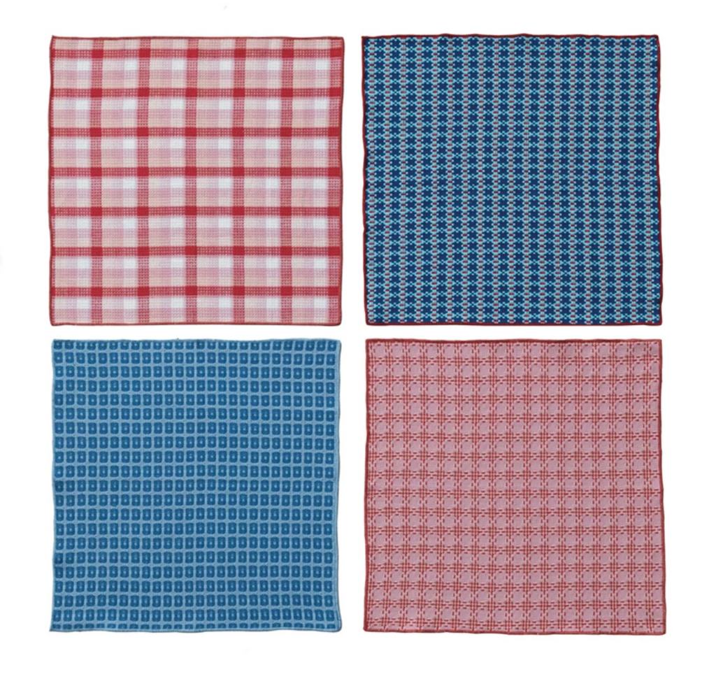 WOVEN COTTON WAFFLE WEAVE NAPKINS WITH PATTERN AND STITCHED EDGE - SET OF 4