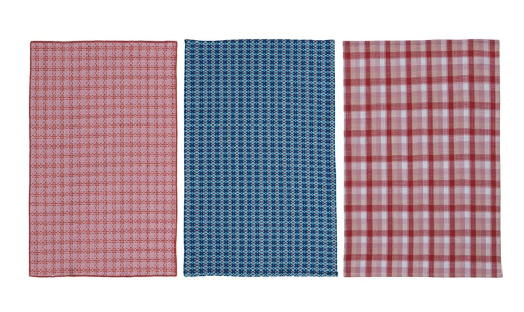 WOVEN COTTON WAFFLE WEAVE TEA TOWEL WITH PATTERN AND STITCHED EDGE - 3 COLORS