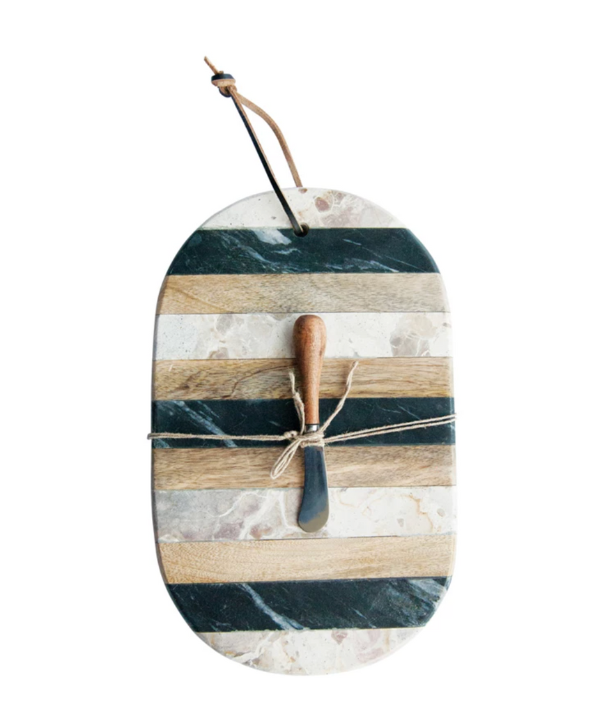 OVAL MARBLE & MANGO WOOD CHEESE/CUTTING BOARD WITH STRIPES & LEATHER TIE & CANAPE KNIFE - IN STORE PICK UP ONLY!