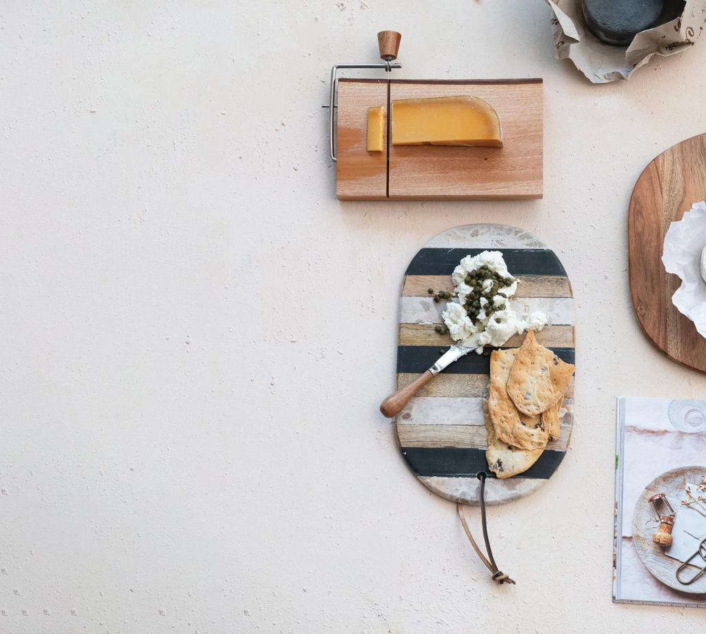 OVAL MARBLE & MANGO WOOD CHEESE/CUTTING BOARD WITH STRIPES & LEATHER TIE & CANAPE KNIFE - IN STORE PICK UP ONLY!