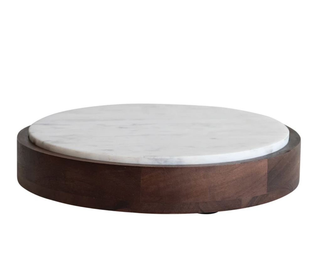 MANGO WOOD & MARBLE PEDESTAL WITH REMOVABLE MARBLE TRAY - IN STORE PICK UP ONLY!