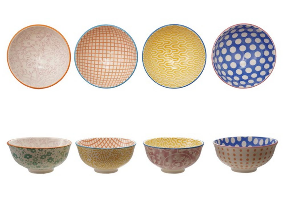 STONEWARE PATTERN BOWLS - 4 STYLES