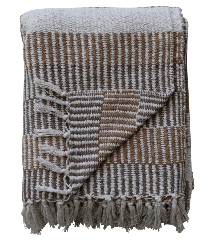 WOVEN RECYCLED COTTON BLEND THROW WITH STRIPES AND FRINGE