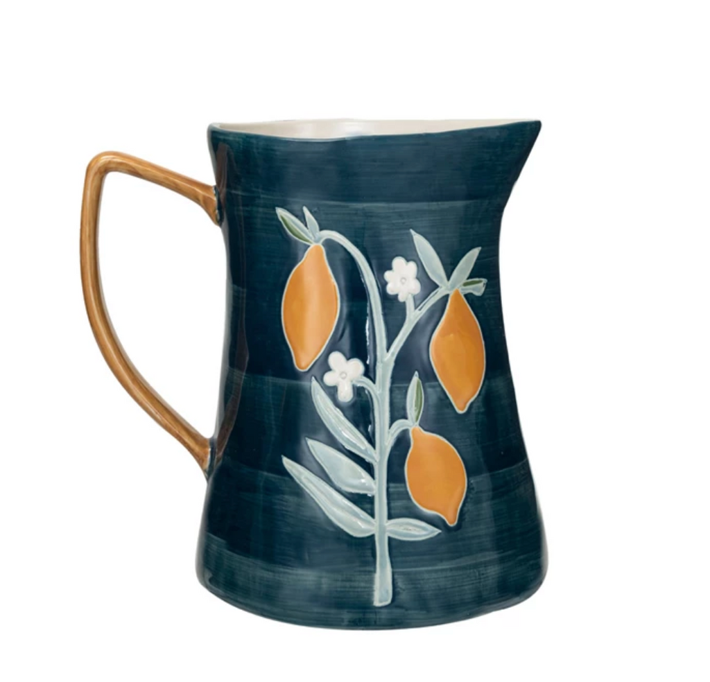 3 QUART HAND-PAINTED STONEWARE PITCHER WITH WAX RELIEF FLOWERS & LEMONS - IN STORE PICK UP ONLY!