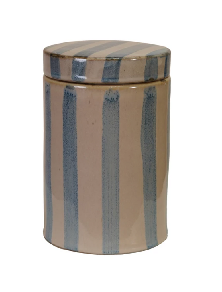 HAND-PAINTED STONEWARE STRIPED JAR WITH LID