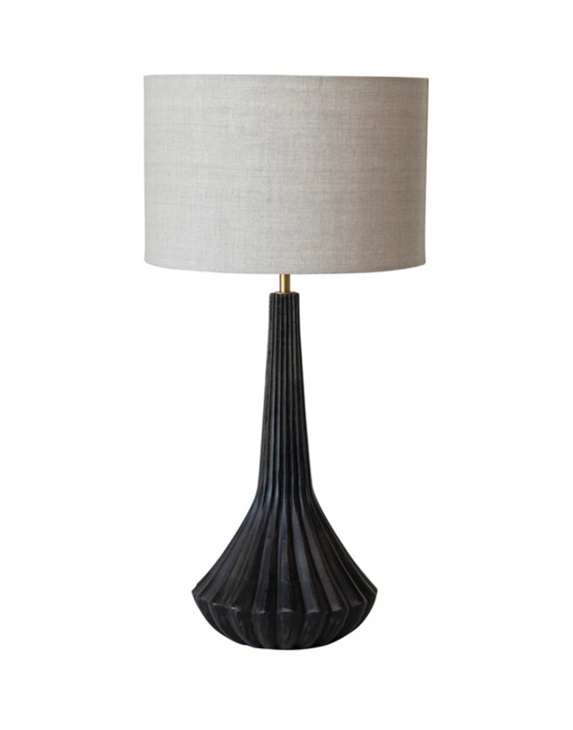 MANGO WOOD PLEATED TABLE LAMP WITH LINEN SHADE - IN STORE PICK UP ONLY!