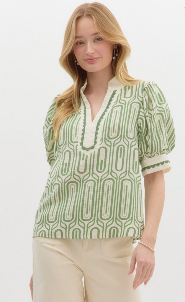 ABSTRACT PRINT HIGH NECK TOP IN GREEN