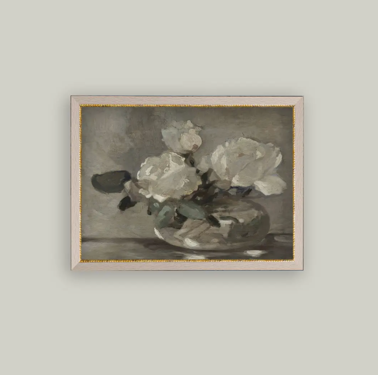 WHITE ROSE VASE FRAMED ANTIQUE ART - 15X11 - IN STORE PICK UP ONLY!