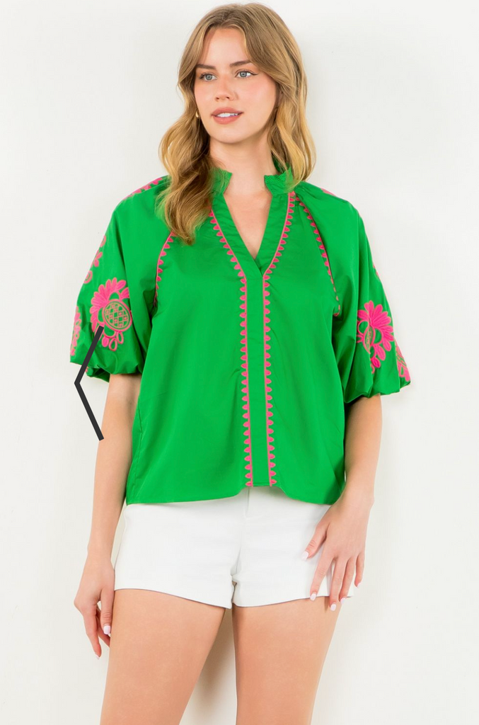 EMBROIDERED PUFF SLEEVE TOP - GREEN