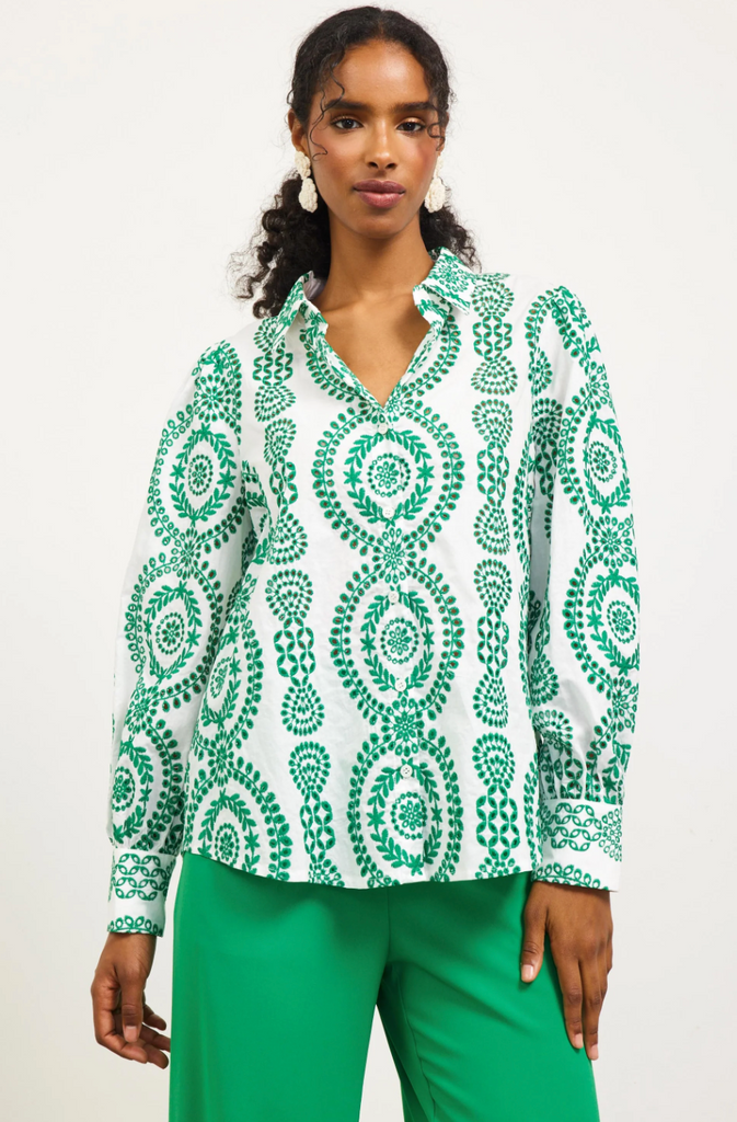 EMBROIDERED EYELET LONG SLEEVE BLOUSE - WHITE/GREEN