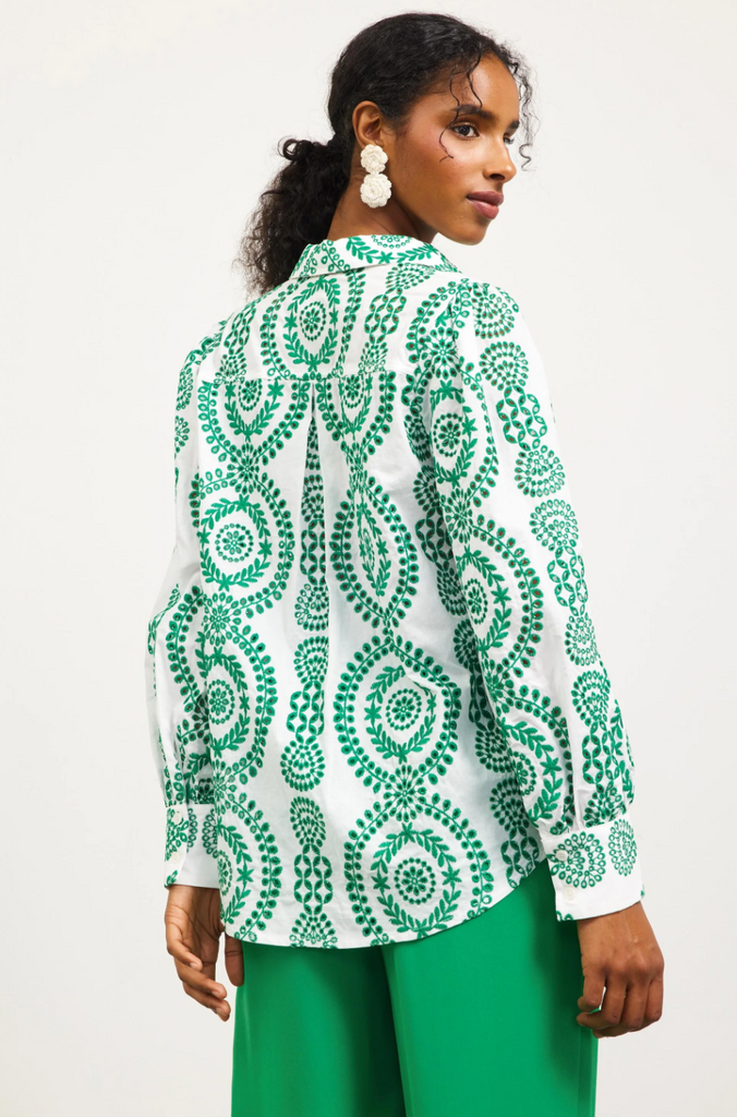 EMBROIDERED EYELET LONG SLEEVE BLOUSE - WHITE/GREEN