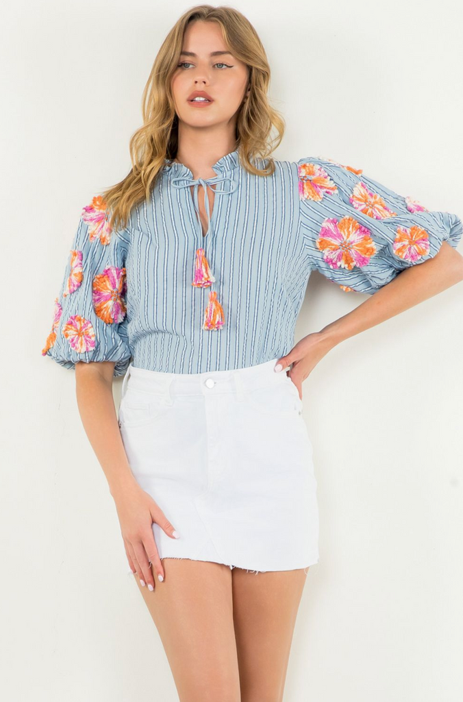 EMBROIDERED PUFF SLEEVE STRIPE TOP - BLUE