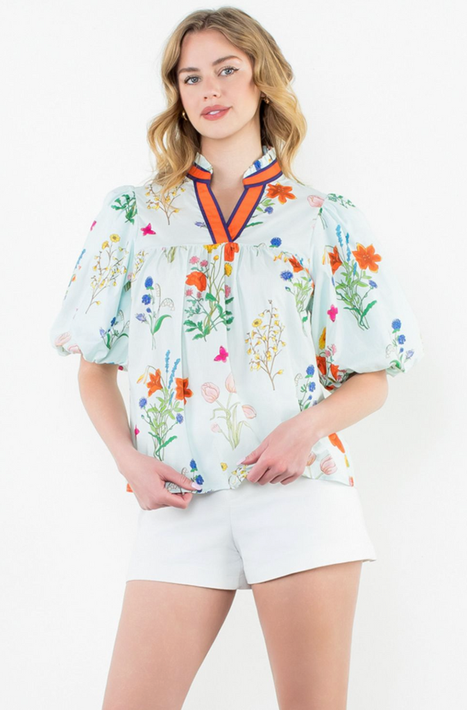 PUFF SLEEVE FLORAL TOP - LIGHT BLUE