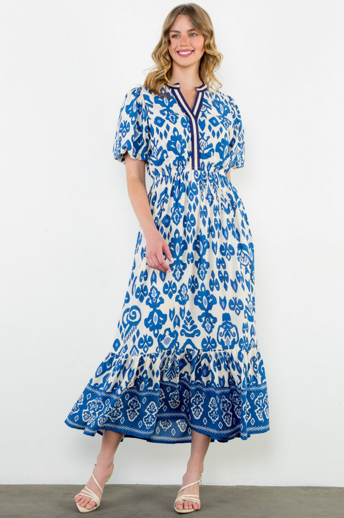 PUFF SLEEVE PRINT MAXI DRESS - BLUE