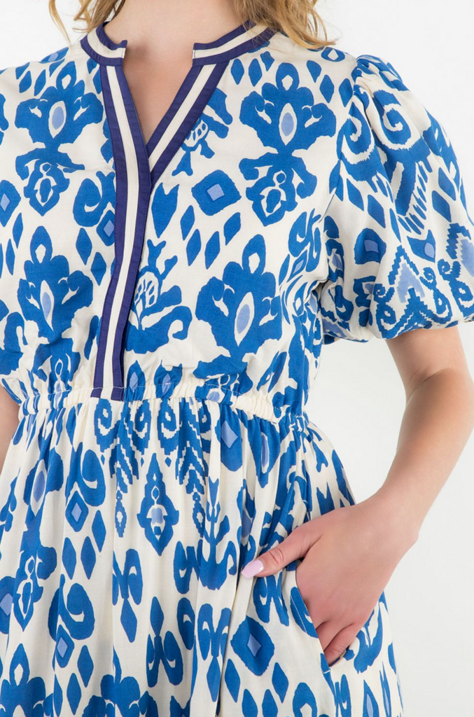 PUFF SLEEVE PRINT MAXI DRESS - BLUE