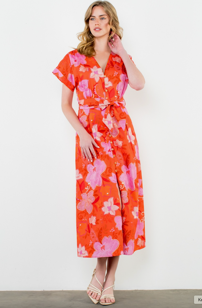 SHORT SLEEVE FLORAL MAXI DRESS - ORANGE