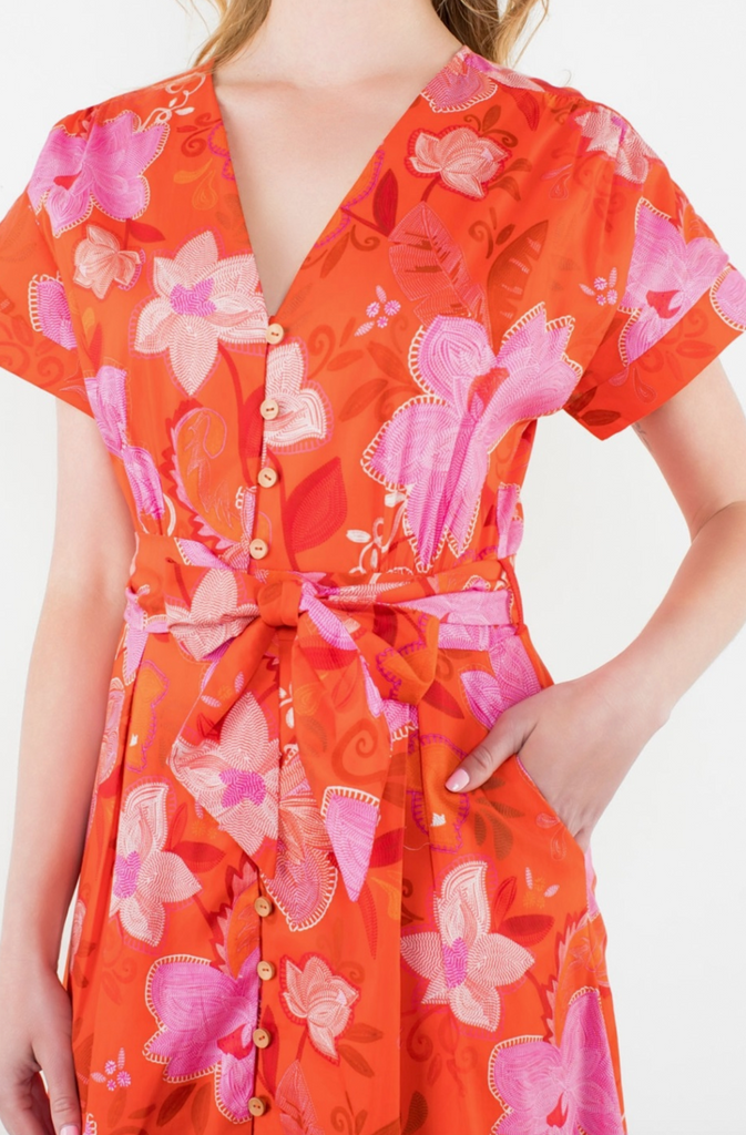 SHORT SLEEVE FLORAL MAXI DRESS - ORANGE