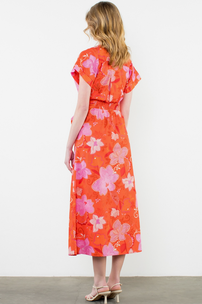 SHORT SLEEVE FLORAL MAXI DRESS - ORANGE