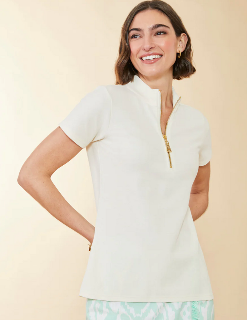 SHORT SLEEVE SERENA HALF ZIP TOP - BUTTERCREAM