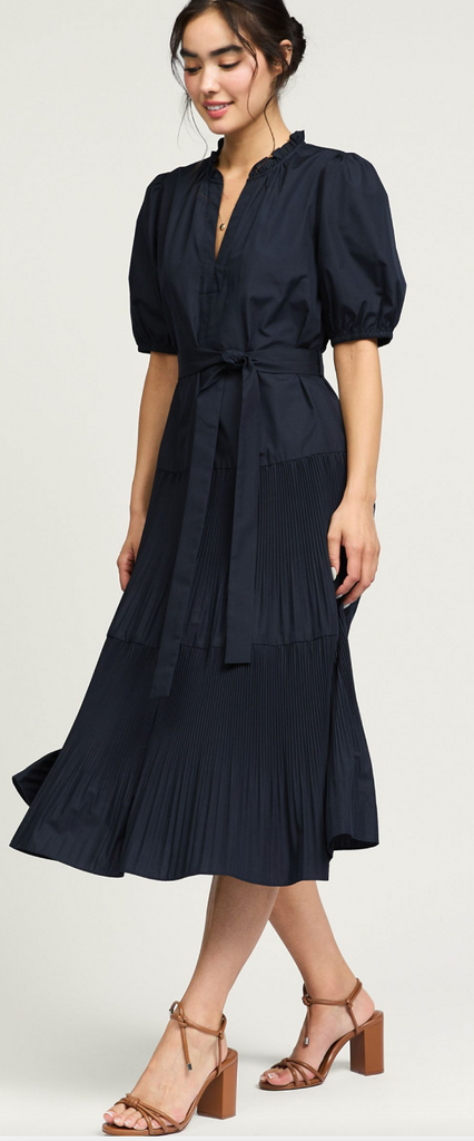 HALF SLEEVE SPLIT NECK MIDI DRESS IN NAVY