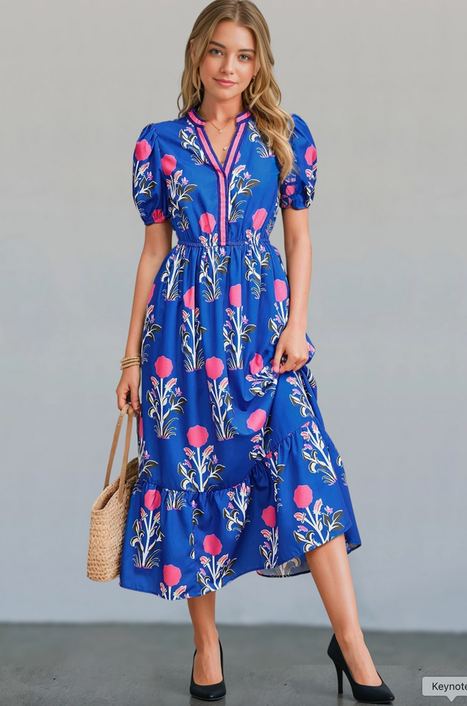 BOHO FLORAL PUFF SLEEVE HIGH WAIST MAXI DRESS - BLUE