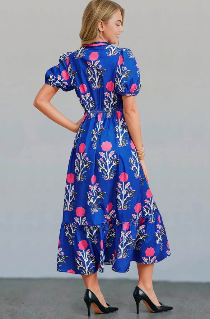 BOHO FLORAL PUFF SLEEVE HIGH WAIST MAXI DRESS - BLUE