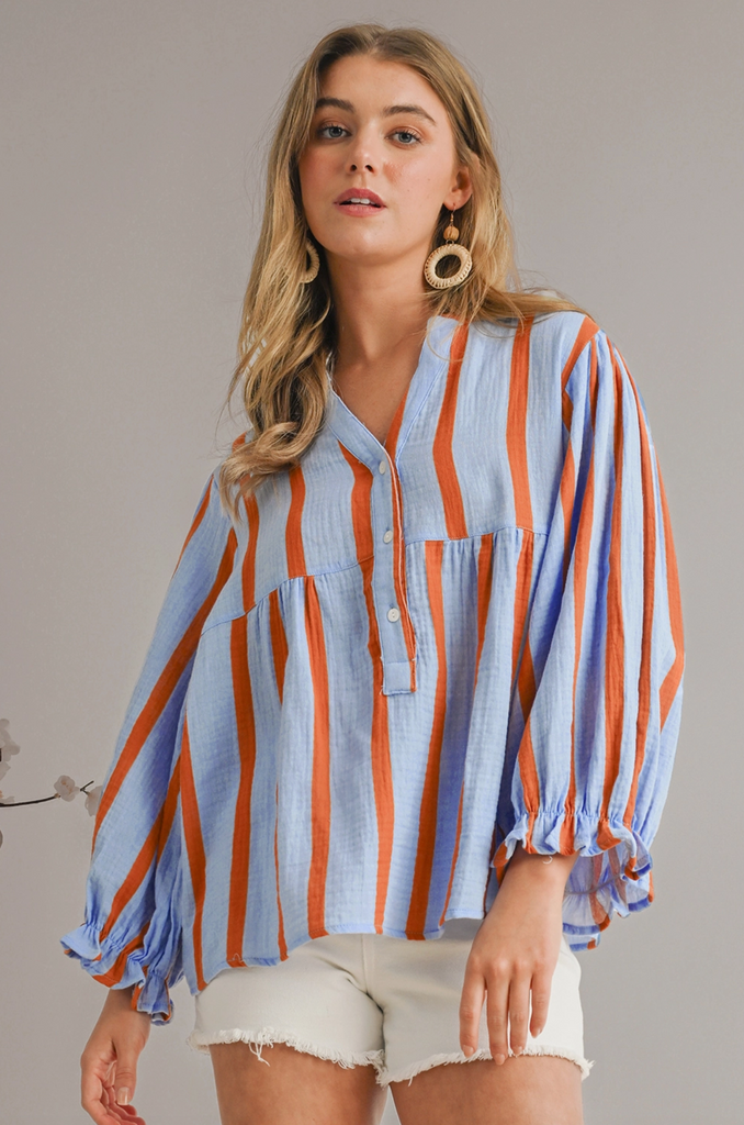 STRIPE BUTTON FRONT GAUZE SHIRT - BLUE