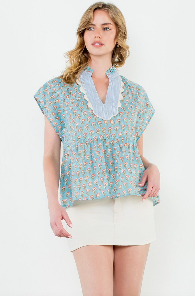 SHORT SLEEVE PRINT TOP - BLUE