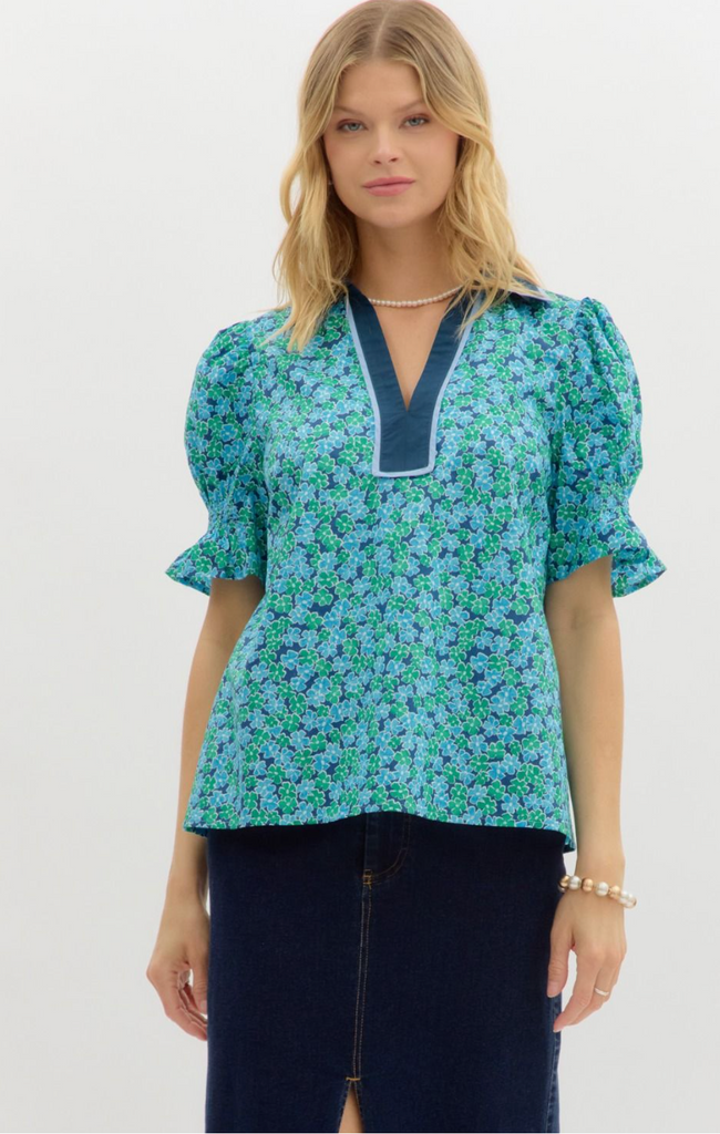 FLORAL PRINT PUFF SLEEVE TOP - NAVY