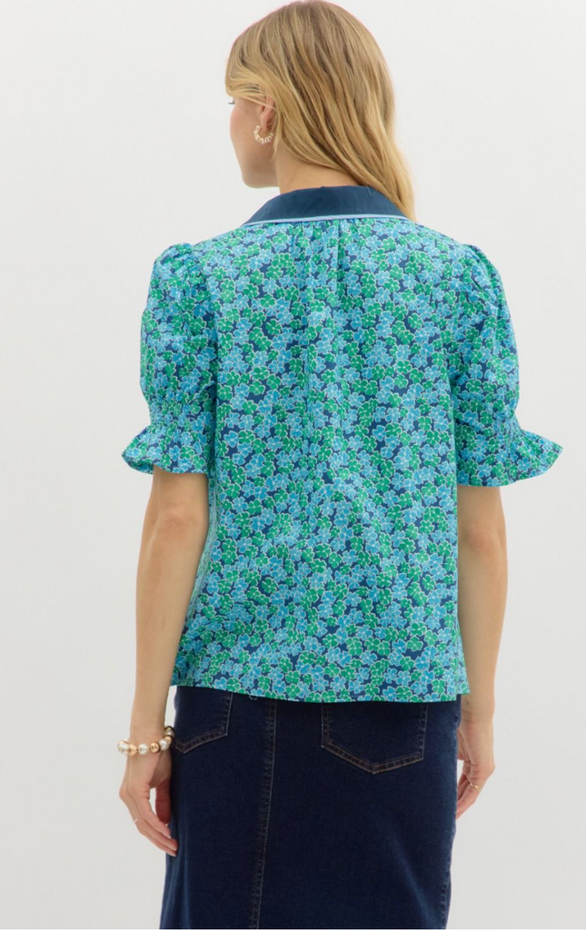 FLORAL PRINT PUFF SLEEVE TOP - NAVY