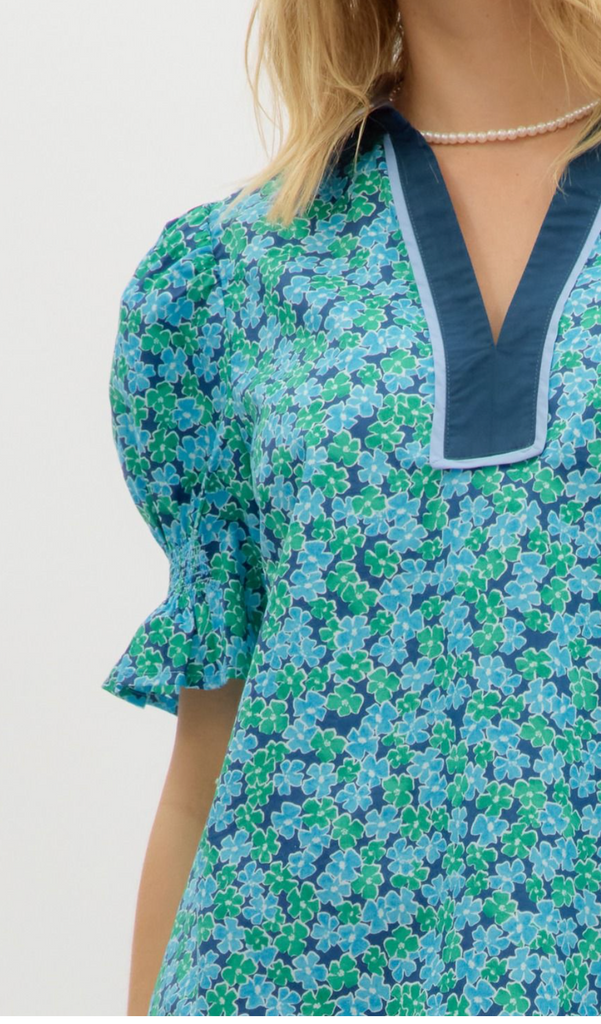 FLORAL PRINT PUFF SLEEVE TOP - NAVY