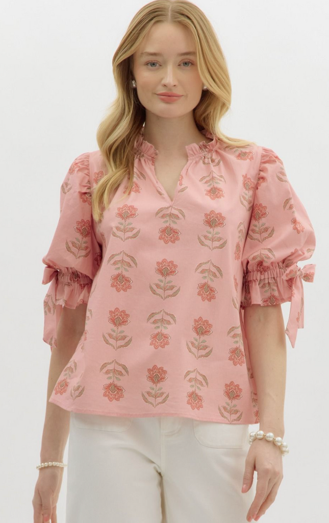 FLORAL RUFFLE NECK TOP - SALMON