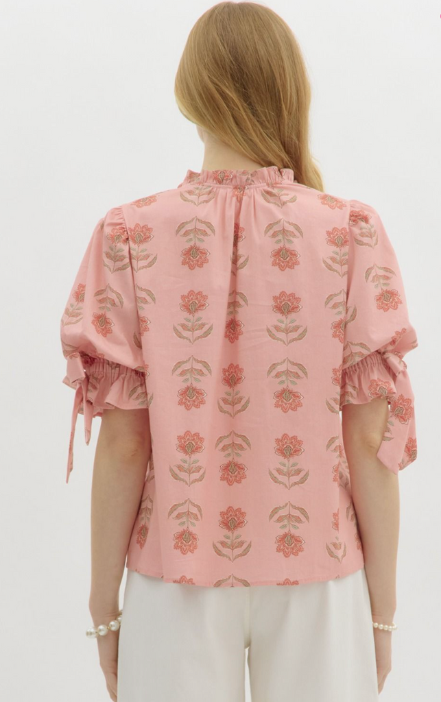FLORAL RUFFLE NECK TOP - SALMON
