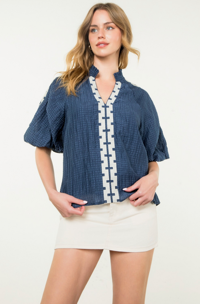PUFF SLEEVE EMBROIDERED TOP - NAVY