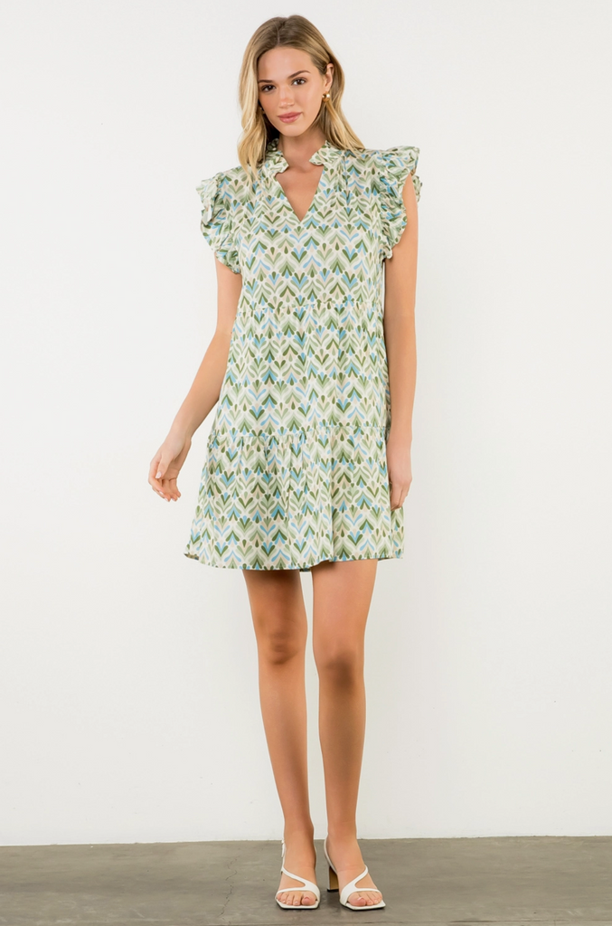 FLUTTER SLEEVE FLORAL PRINT DRESS - GREEN
