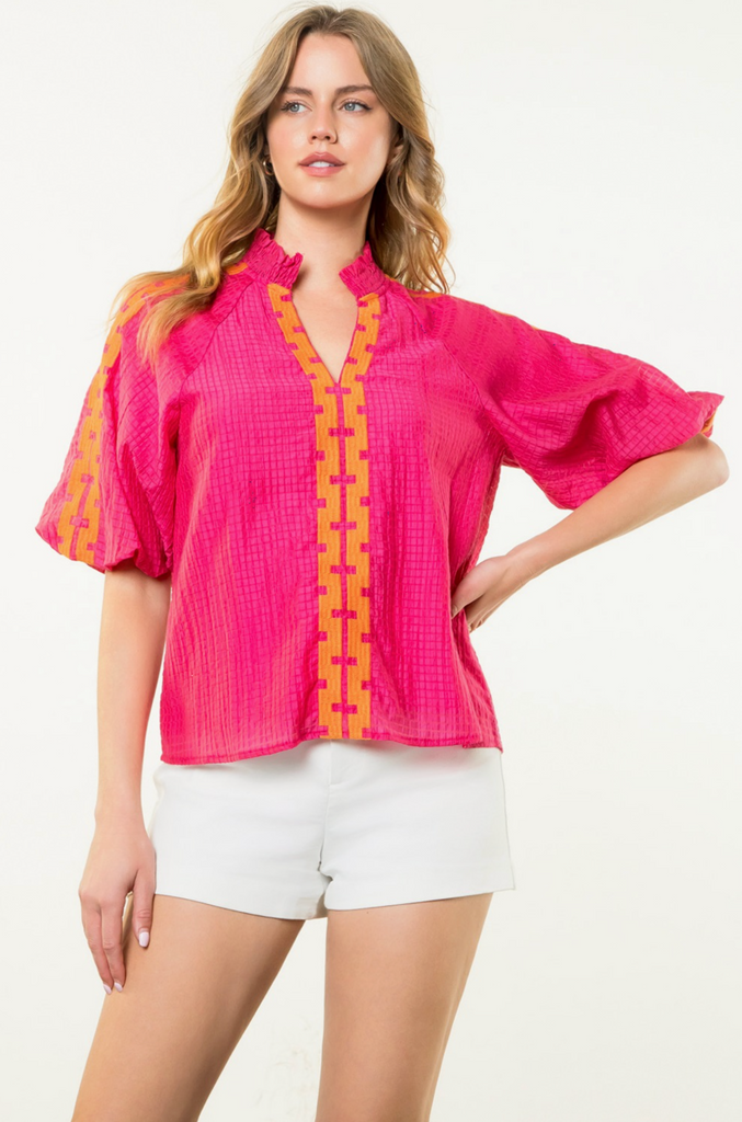 PUFF SLEEVE EMBROIDERED TOP - MAGENTA