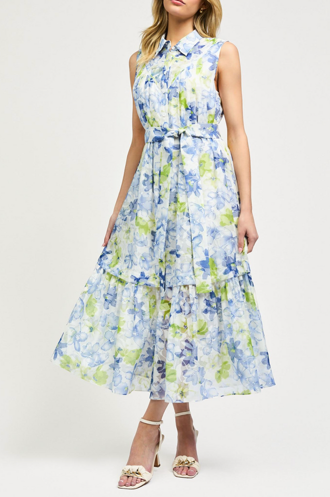 SLEEVELESS BUTTON FRONT MIDI DRESS - FLORAL