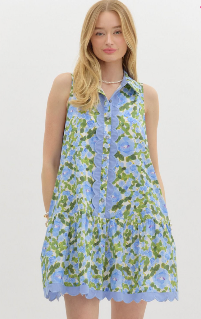 FLORAL PRINT SHIRT COLLAR MINI DRESS - BLUE