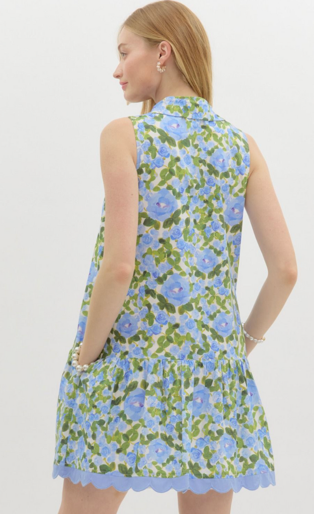 FLORAL PRINT SHIRT COLLAR MINI DRESS - BLUE