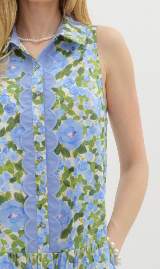 FLORAL PRINT SHIRT COLLAR MINI DRESS - BLUE
