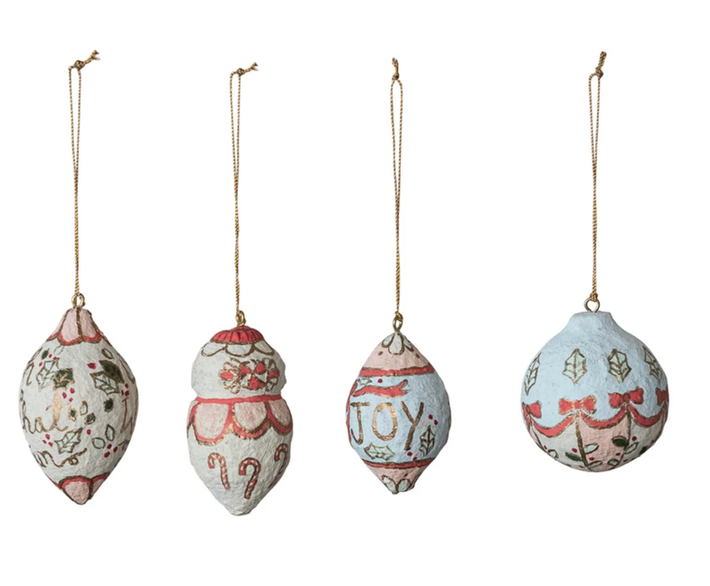 HAND-PAINTED PAPER MACHE ORNAMENT WITH DESIGN - 4 STYLES