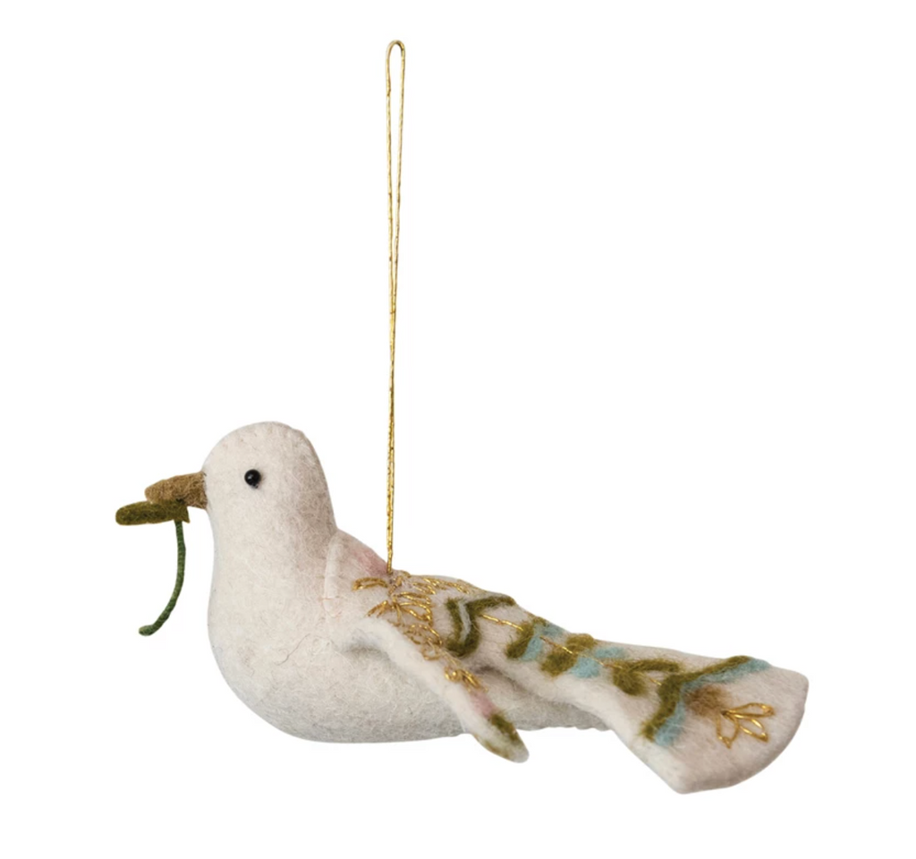 HANDMADE WOOL FELT DOVE ORNAMENT WITH EMBROIDERY