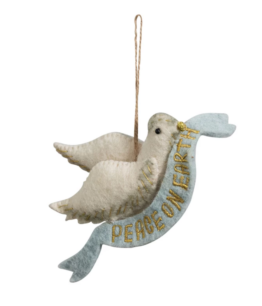 HANDMADE WOOL FELT DOVE ORNAMENT WITH EMBROIDERED BANNER