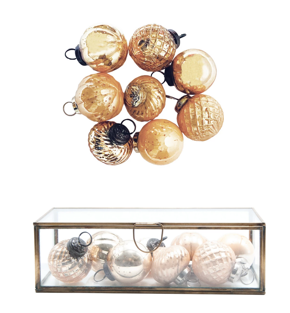 EMBOSSED MERCURY GLASS ORNAMENTS IN BOX