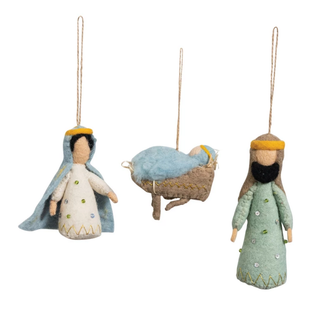 HANDMADE WOOL FELT HOLY FAMILY ORNAMENTS - 3 STYLES