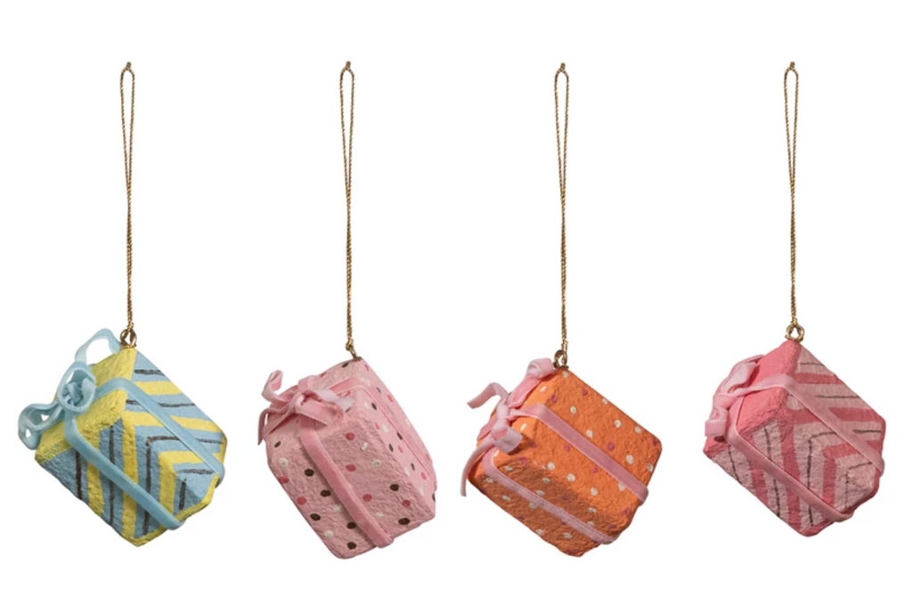 HANDMADE PAPER MACHE GIFT SHAPED ORNAMENT WITH VELVET RIBBON - 4 STYLES