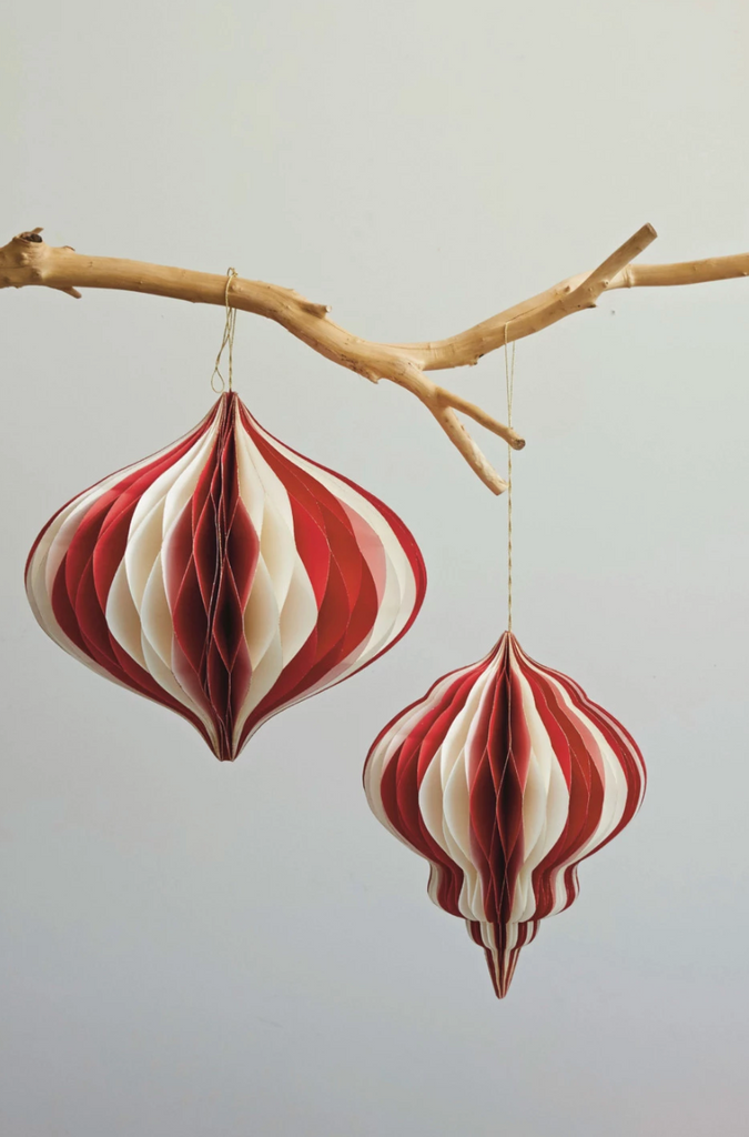 PAPER FOLDING HONEYCOMB ORNAMENT WITH GOLD GLITTER EDGE - CREAM AND RED