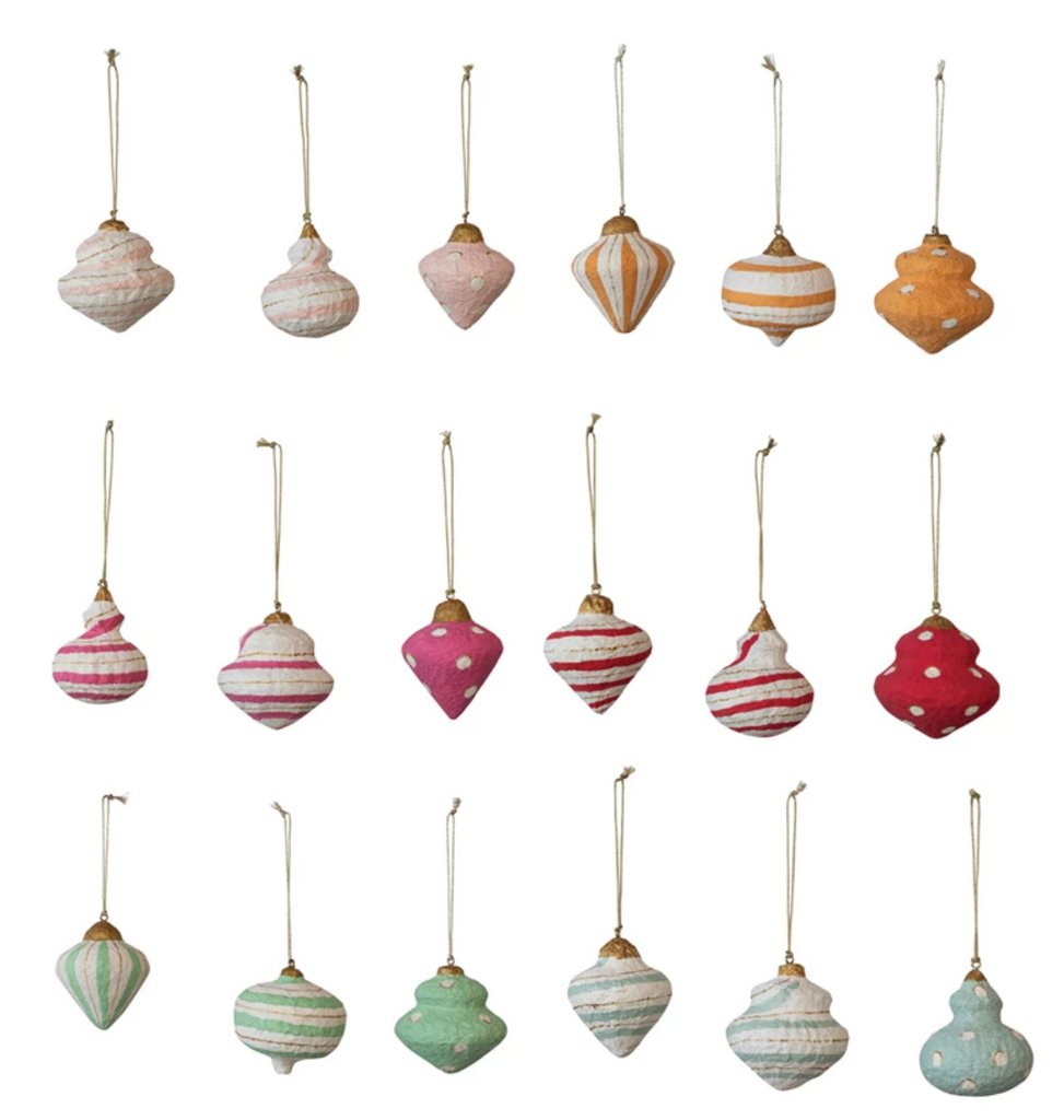 HANDMADE PAPER MACHE ORNAMENT WITH DOTS, STRIPES AND METALLIC GOLD DETAILS - 18 STYLES