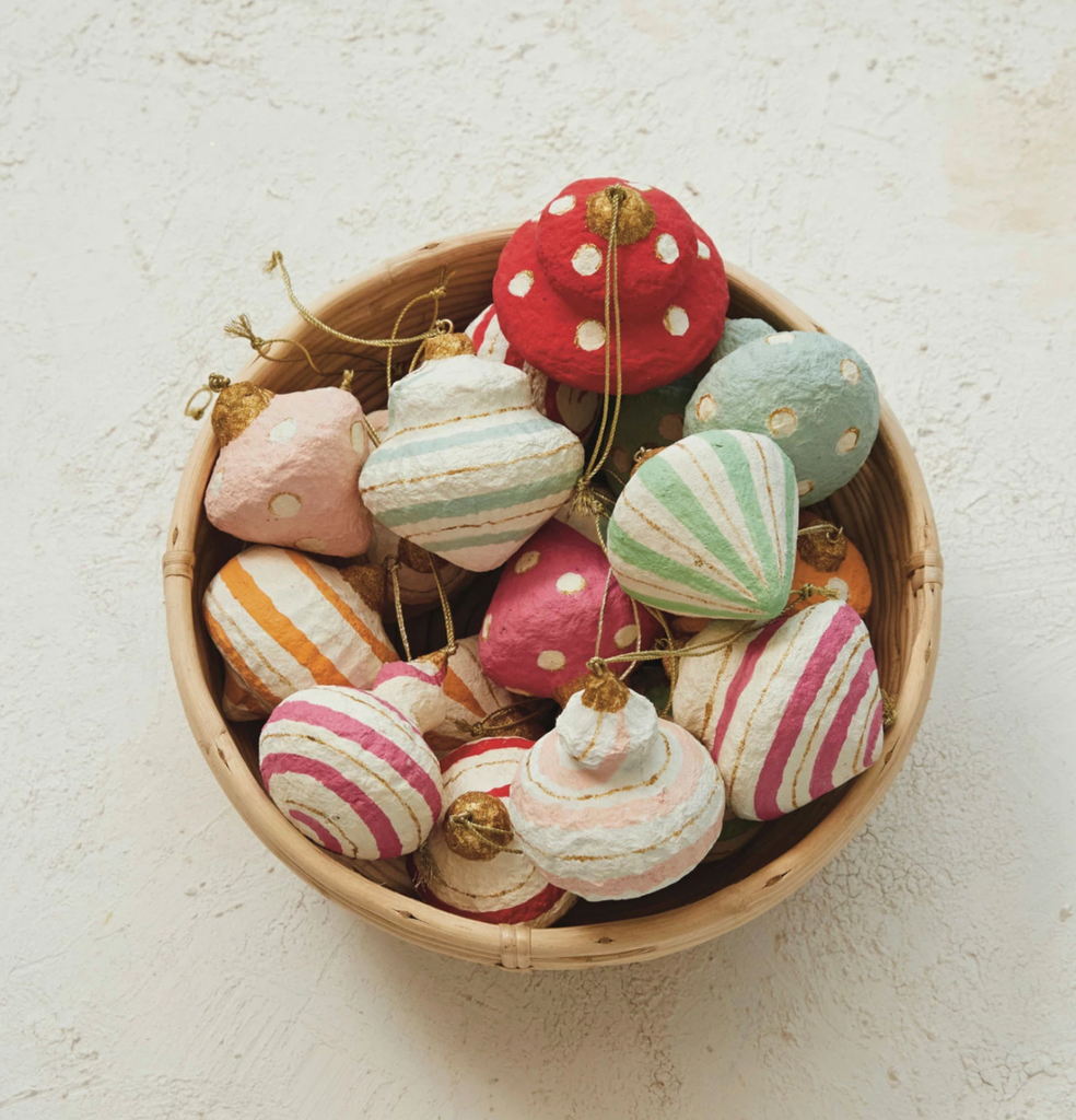 HANDMADE PAPER MACHE ORNAMENT WITH DOTS, STRIPES AND METALLIC GOLD DETAILS - 18 STYLES